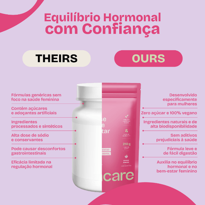A imagem exibe uma embalagem dividida ao meio. O lado esquerdo representa suplementos genéricos ("Theirs"), listando desvantagens como fórmulas genéricas, açúcares artificiais, ingredientes sintéticos e eficácia limitada. O lado direito mostra a embalagem rosa do Ovacare SOMP ("Ours"), destacando os diferenciais da marca: desenvolvido para mulheres, zero açúcar, 100% vegano, ingredientes naturais de alta biodisponibilidade e auxílio no equilíbrio hormonal feminino.