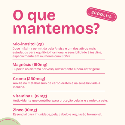 Infográfico com fundo claro intitulado "O que mantemos?", detalhando os ativos que permaneceram na fórmula do Ovacare SOMP (antigo Ovacare SOP). A lista inclui Mio-inositol (2g), Magnésio (150mg), Cromo (250mcg), Vitamina E (12mg) e Zinco (10mg), com breves descrições sobre o suporte hormonal, sensibilidade à insulina e bem-estar geral.