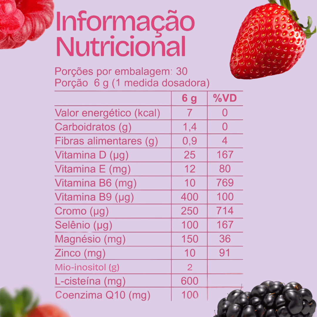 Tabela de informação nutricional completa do suplemento Ovacare SOMP, detalhando porções de 6g. A tabela lista valores energéticos, carboidratos, fibras e as concentrações exatas e percentuais de vitaminas e minerais como Vitamina D, E, B6, B9, Cromo, Selênio, Magnésio, Zinco, Mio-inositol, L-cisteína e Coenzima Q10. O fundo é lilás, decorado com imagens de framboesa, morango e amora.